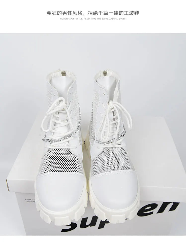 2024 New Summer Men's Boots Thick Bottom Mesh Surface Breathable Hollow Out Chain Short Boot Male Autumn Fashion Casual Shoes