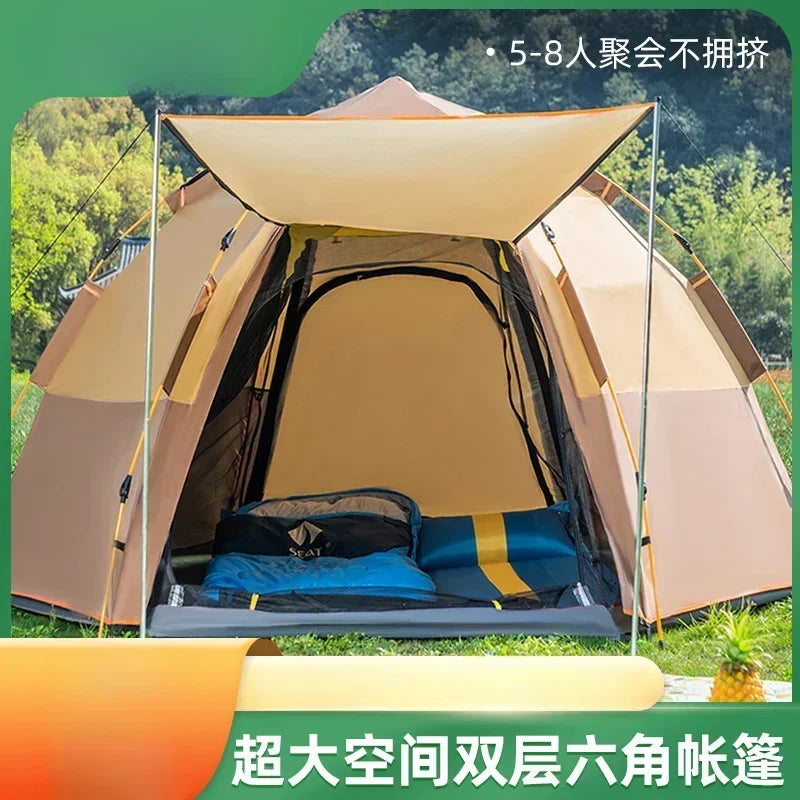 Fully Automatic Double Dec ker Hexagonal Tent for 3-4 People Camp ing Rain Proof Camping, Quick Opening Beach