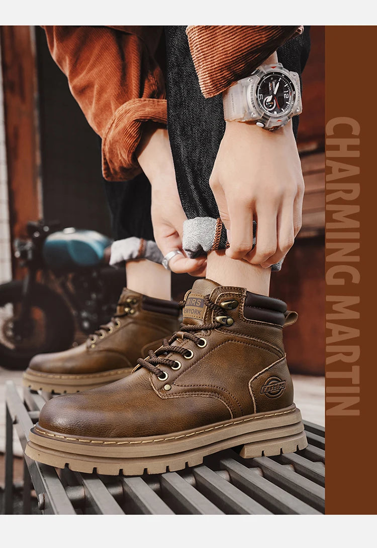 High Top Boots Men's Leather Shoes Fashion Motorcycle Ankle Boots for Men Winter Boots Man All-match Shoes Lace-Up Botas Hombre