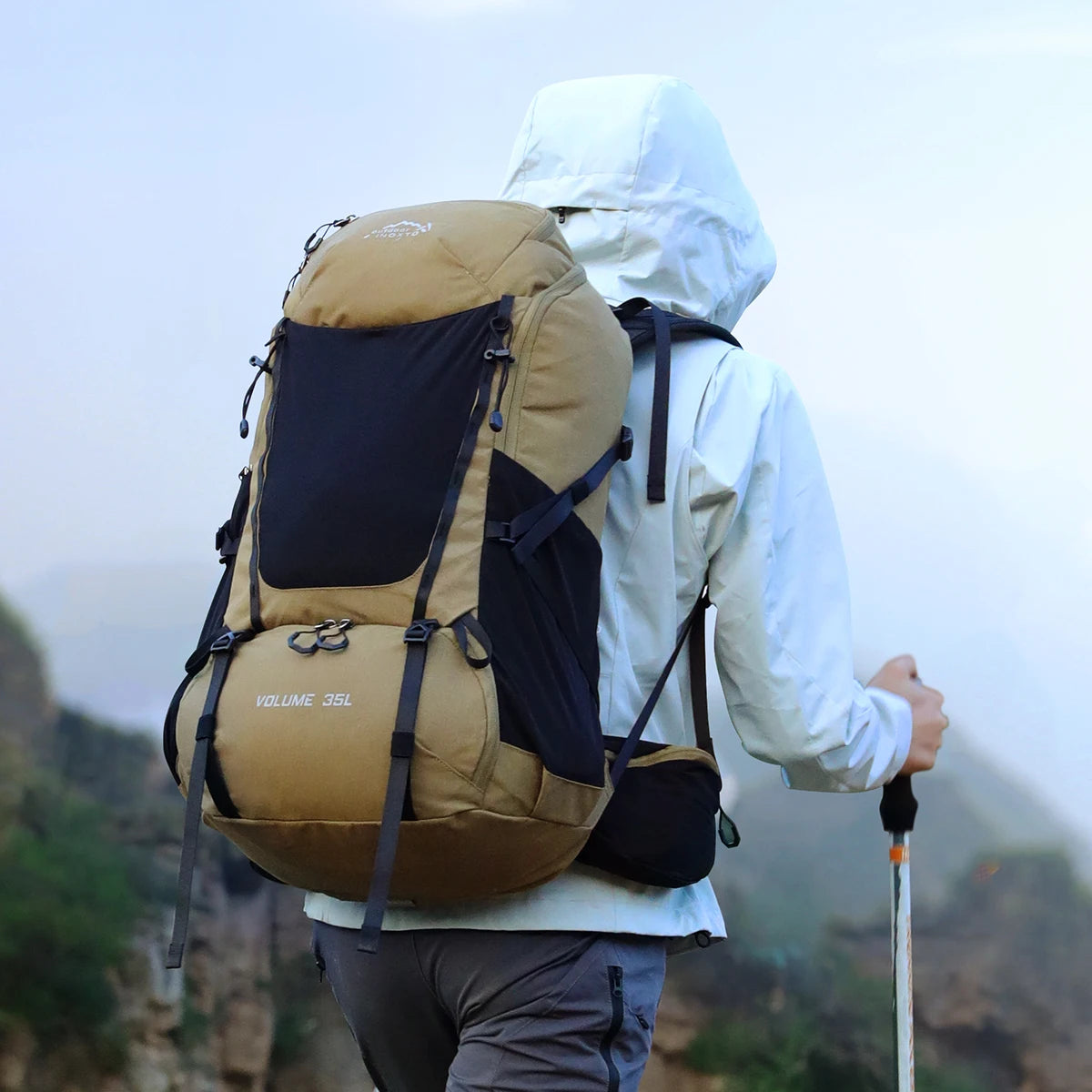 Internal frame waterproof hiking camping backpack with rain cover, large lightweight travel day backpack for climbing