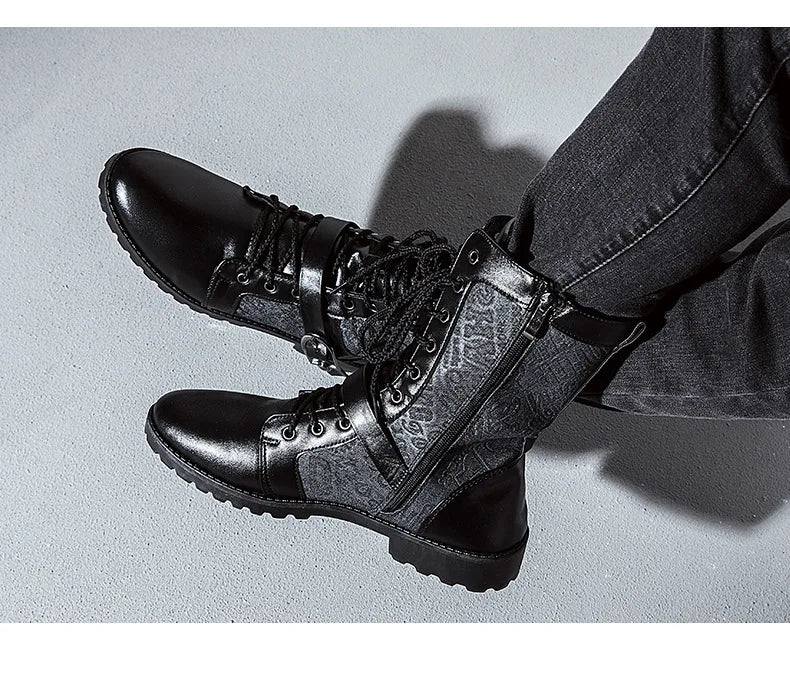 2025 Fashion Man Ankle Boots Lace Up  Platform Leather Shoes Motorcycle Retro Boots Britain Warm Male Platform Mid Calf Boots