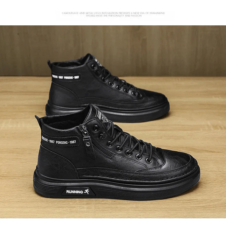 Leather Boots for Men Zipper Man Sneakers Fashion Ankle Boots High Top Man Boots Solid Sports Shoes 2024 Trend Motorcycle Boot