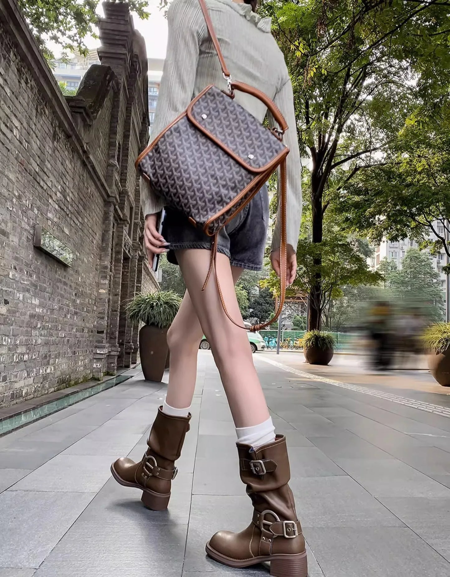 Fashion Buckle Motorcycle Boots Women Round Toe Med Heels Ankle Boots Woman 2024 Pu Leather Square Heel Autumn Platform Shoes