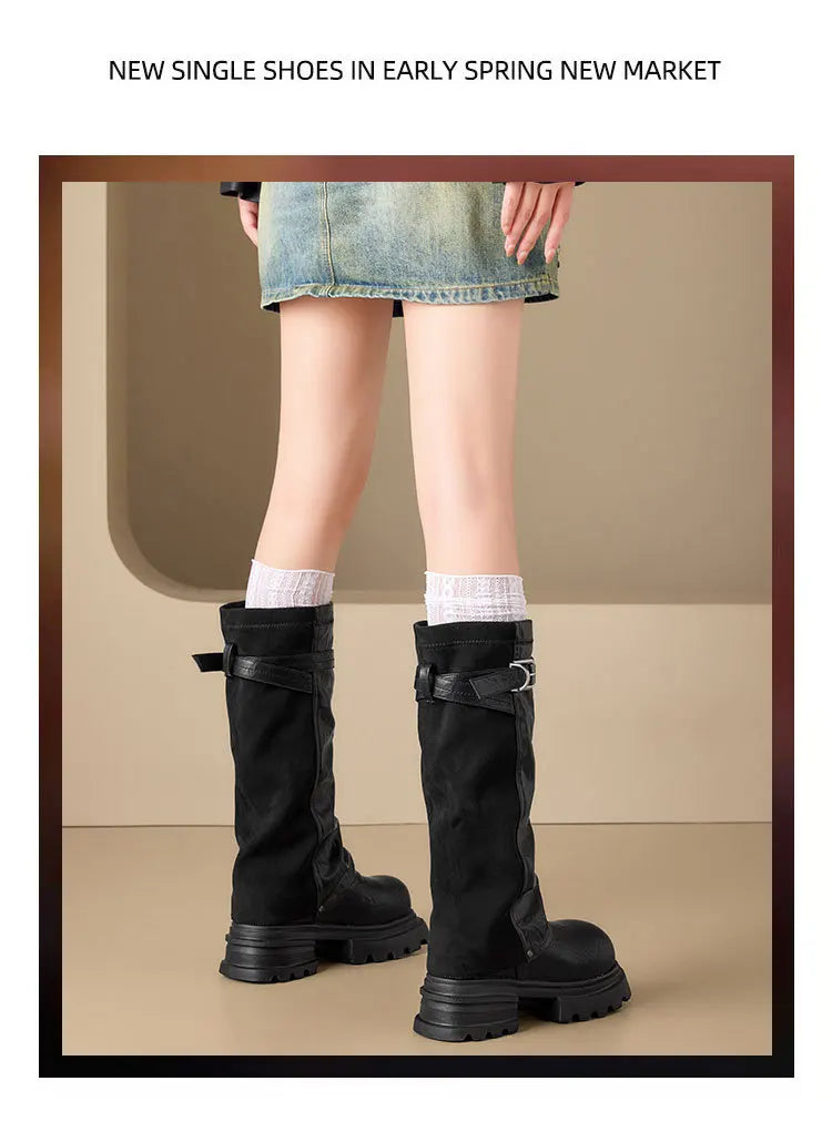 Fujin 8cm Knee High Boots Sexy for Women Platform Heel Motorcycle Booties Punk Genuine Leather Autumn Comfortable Chunky Shoes