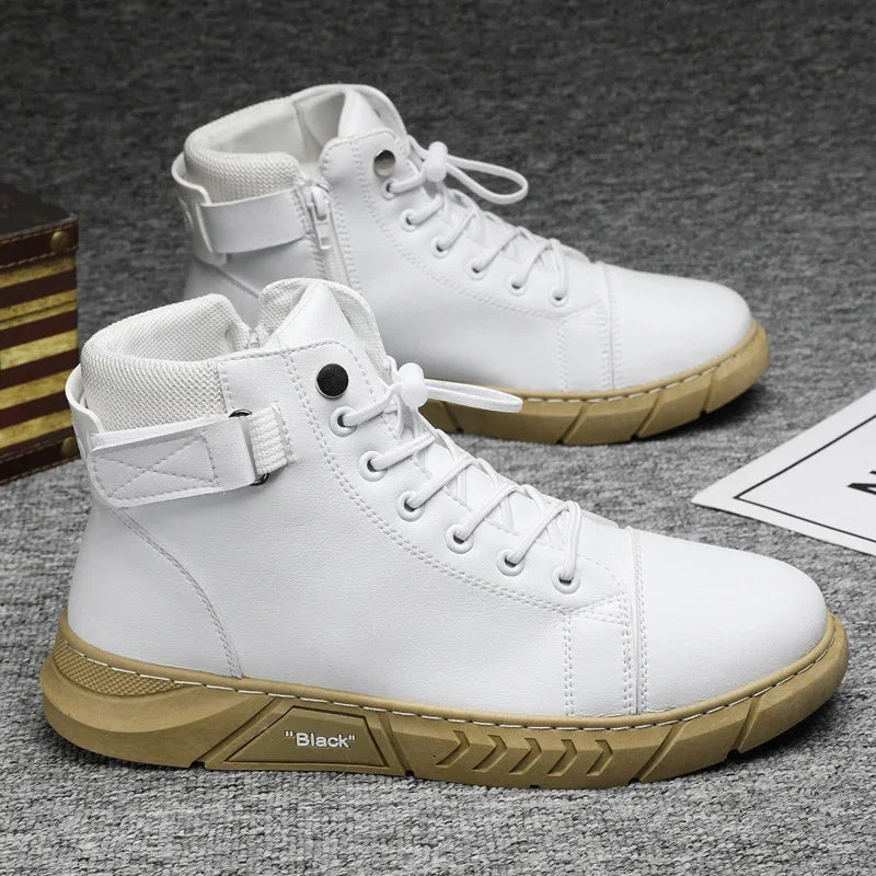 Men's Boots British Casual Platform Leather Boots for Men Black Motorcycle Boots Winter Comfortable Keep Warm Men Ankle Shoes