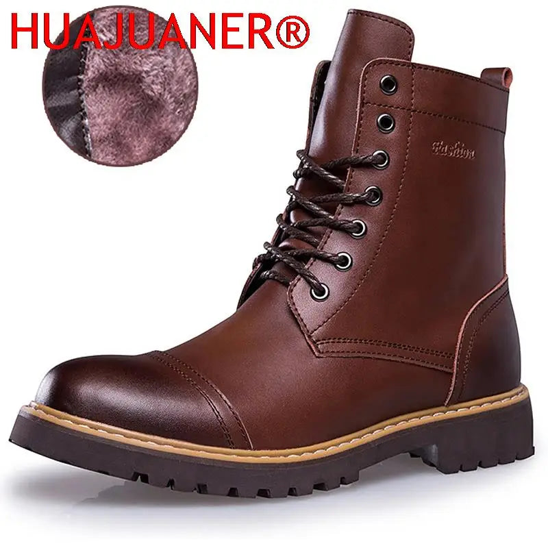 Genuine Leather Men's Boots Plush Warm Winter Boots High Quality Men Motorcycle Boots Fashion Tooling Shoes