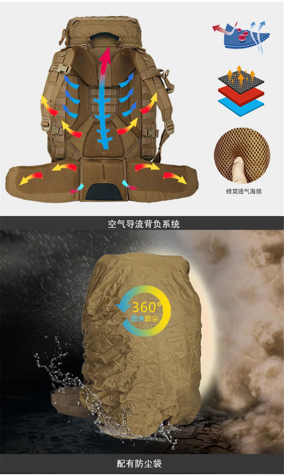 YAKEDA 90L Heavy Large Capacity Mountaineering Bag Waterproof Dustproof Breathable Adventure Outdoor Travel Tactical Backpack