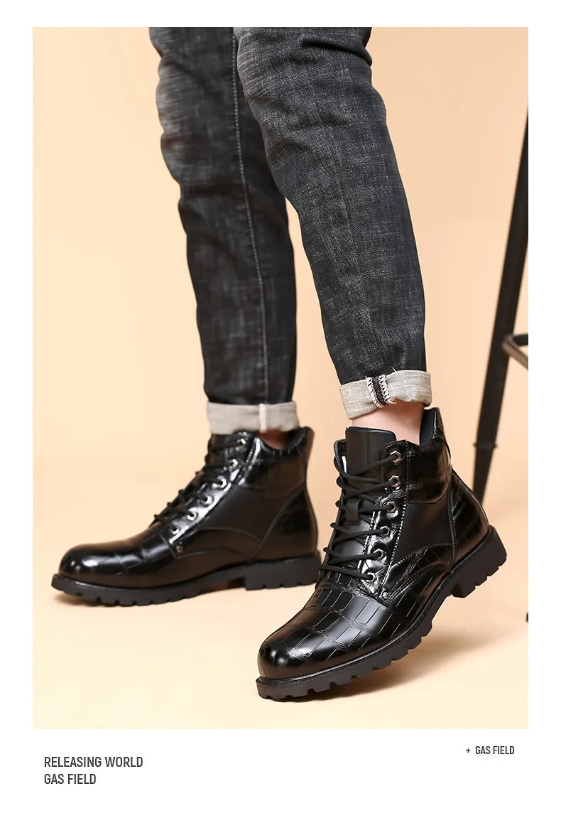 Size 38-48 Classic Design New Men's Ankle Boots Handsome Thick Sole Patent Leather Crocodile Lines Men's Short Motorcycle Boots