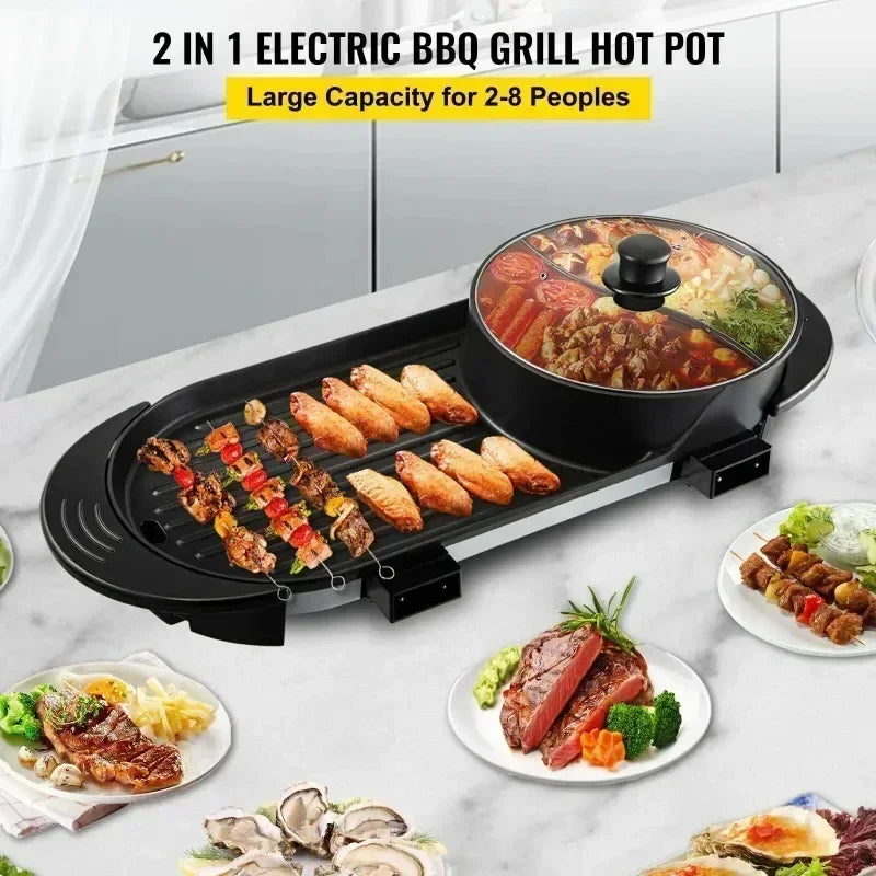 2200W Electric Barbecue Pot 2-in-1 Hot Pot Barbecue Pot Smoke-free Fast and Uniform Heating Independent Dual Temperature Control
