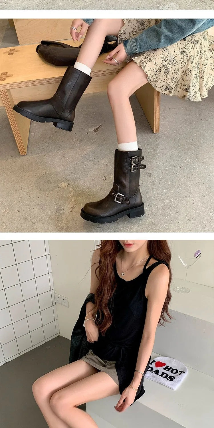 Spring and Autumn Women Boots Retro Platform Boots 2024 Round Toe Solid Color Low Heel Short Buckle Casual Women's Fashion Boots