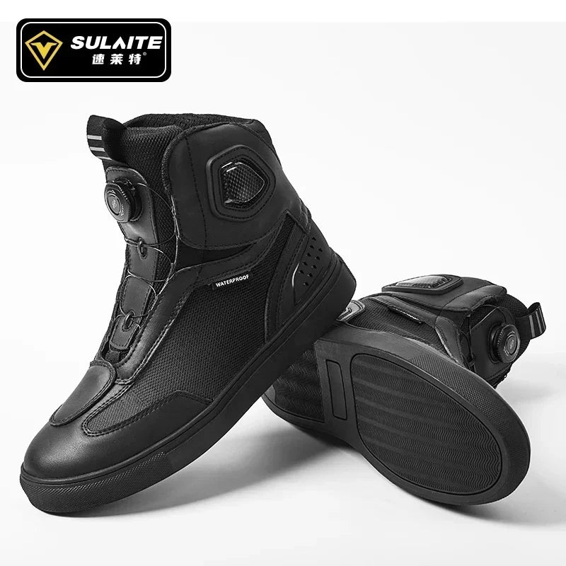 Sulaite Motorcycle Boots Men Waterproof Motorcyclist Boots Black Leather Motocross Boots Breathable Moto Biker Shoes