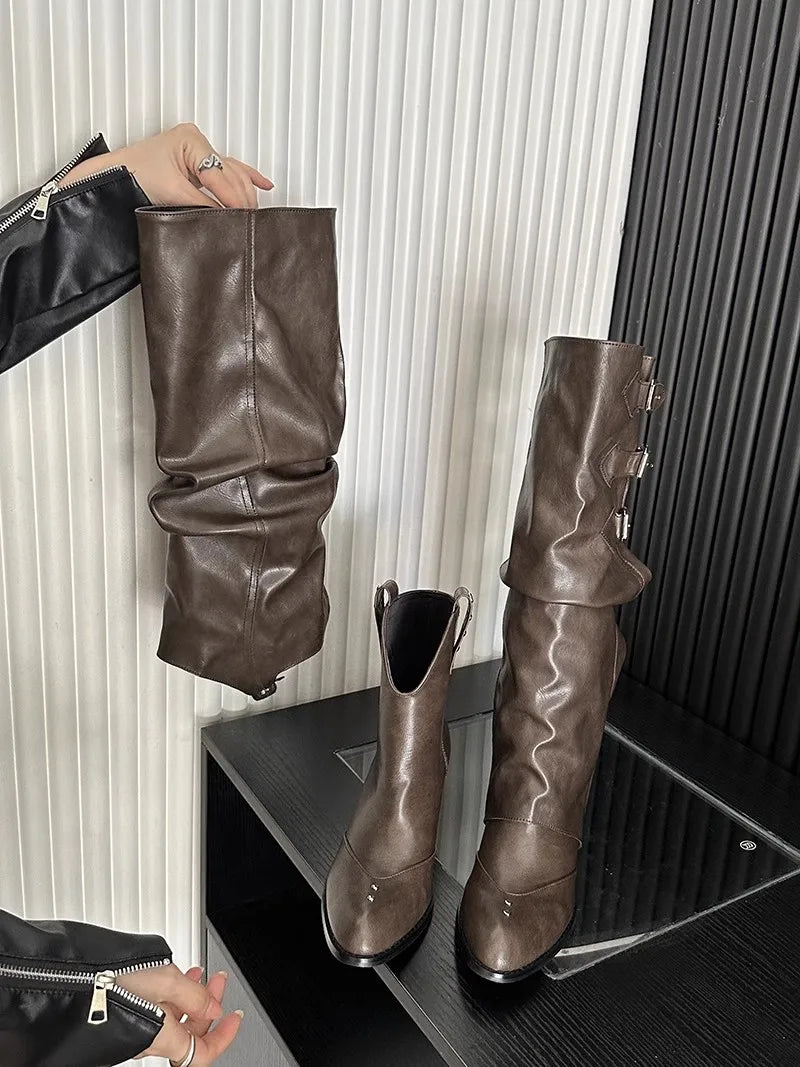 High Quality Wasteland Punk Y2k Gothic Style Vintage Motorcycles Western Boots for Women Black Rivets Knee High Boot Shoes