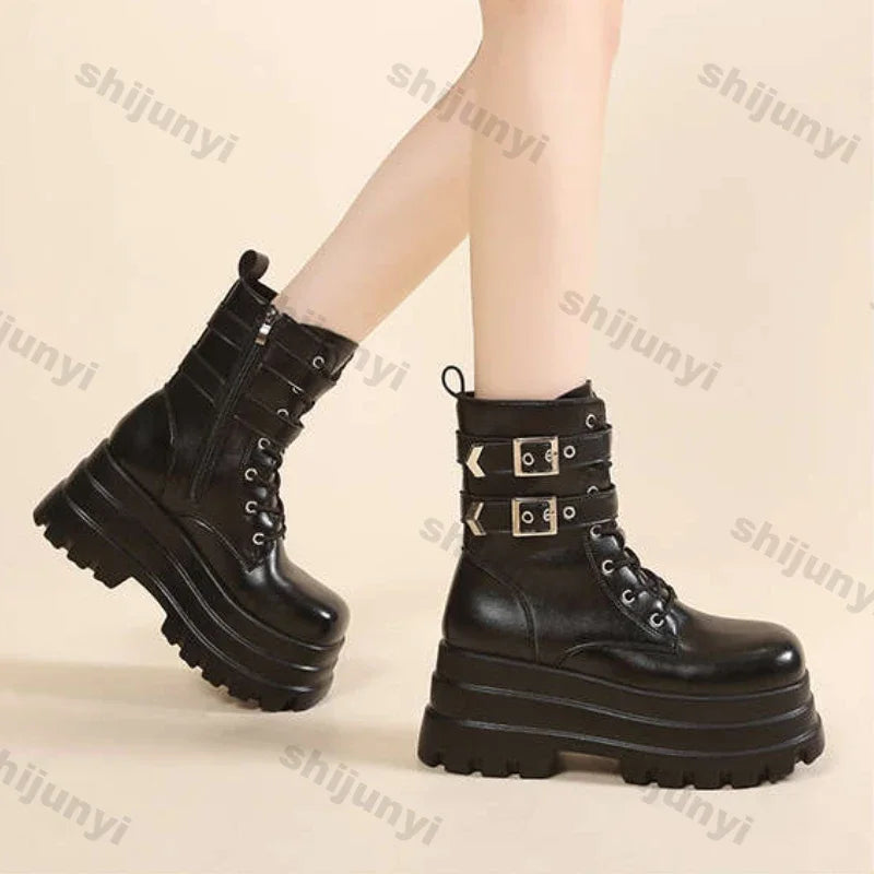 Women Boots British Belt Buckle 2025 Autumn New Height Increasing Thick Soled Short Boot Lace Up Zipper Fashion Motorcycle Boots