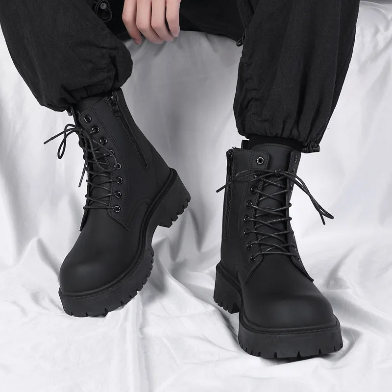 Black Leather Boots for Men High Top Platform Lace Up Light Fashion Motorcycle Boots British Style Men's Waterproof Casual Boots