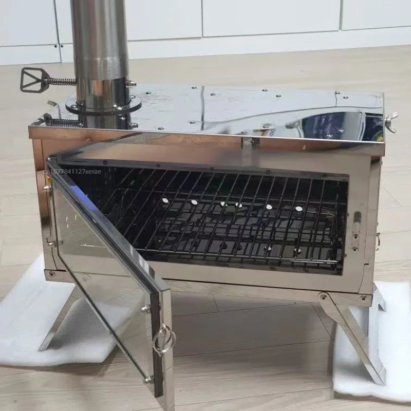 Outdoor tent camping, heat-resistant glass observation stove, portable foldable stainless steel winter heating wood stove