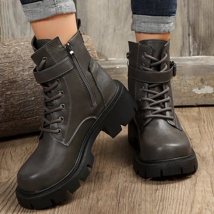 Platform Women Boots Fashion High Quality Women Ankle Boots Retro Round Toe  Motorcycle Boots Punk Style Women Shoes Botas Mujer