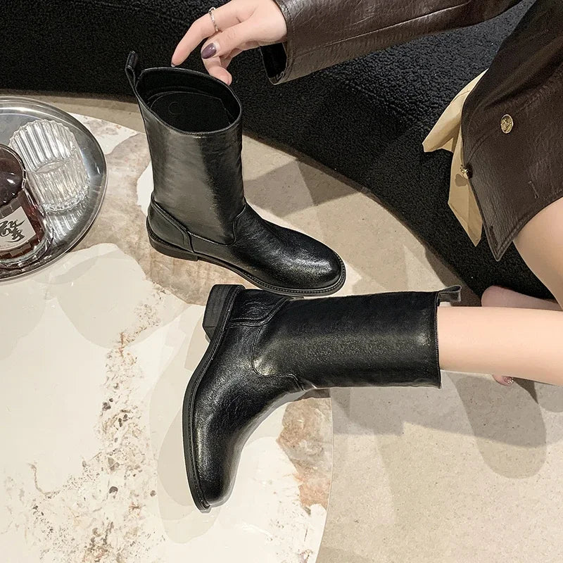 Autumn Winter Women Mid Calf Boots Female Round Toe Slip On Shoes Street Style Motorcycle Botas Mujer