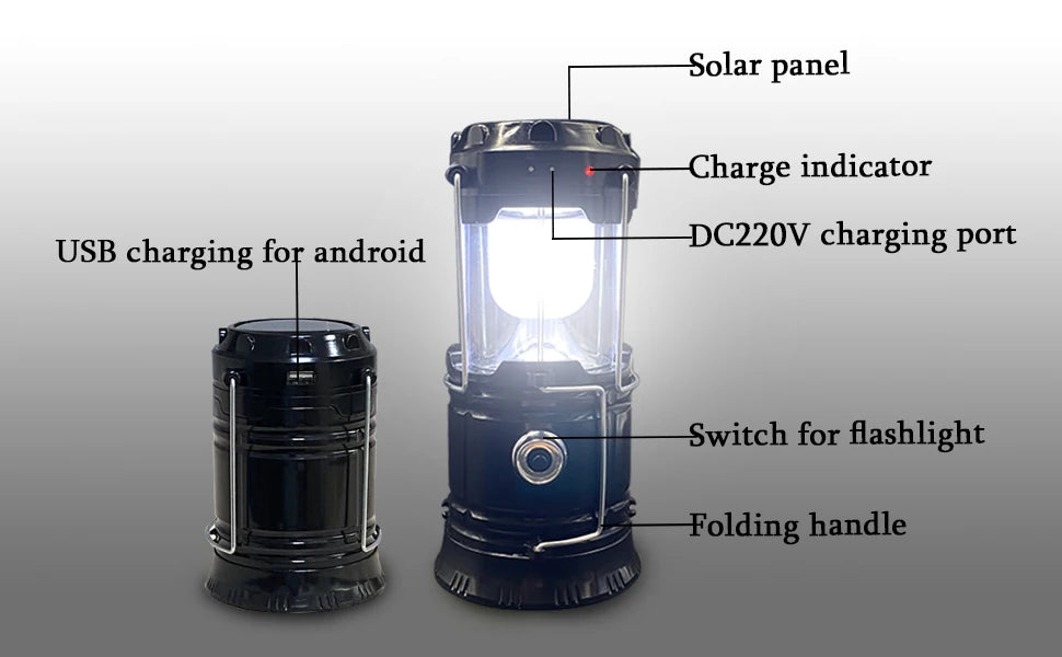 Solar Camping Lantern Collapsible LED Solar USB Rechargeable Lantern Flashlight Emergency Hanging Lights for Outdoor Camping