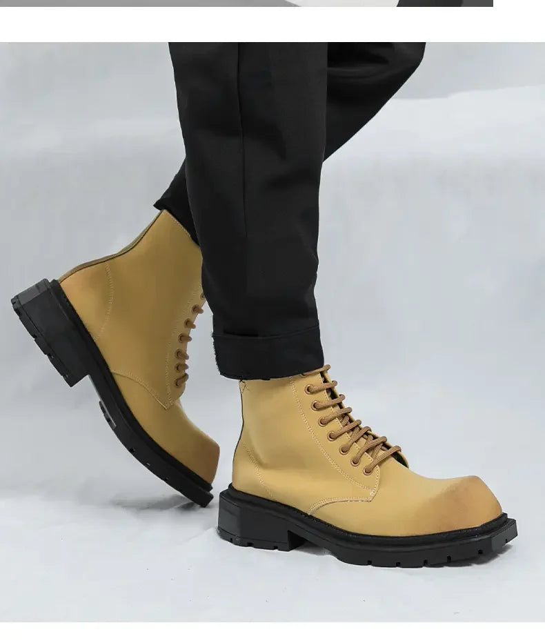 Large Men's Autumn High Top Casual British Motorcycle Shoes, Retro Trendy Brand Height Increasing Big Head Leather Boots