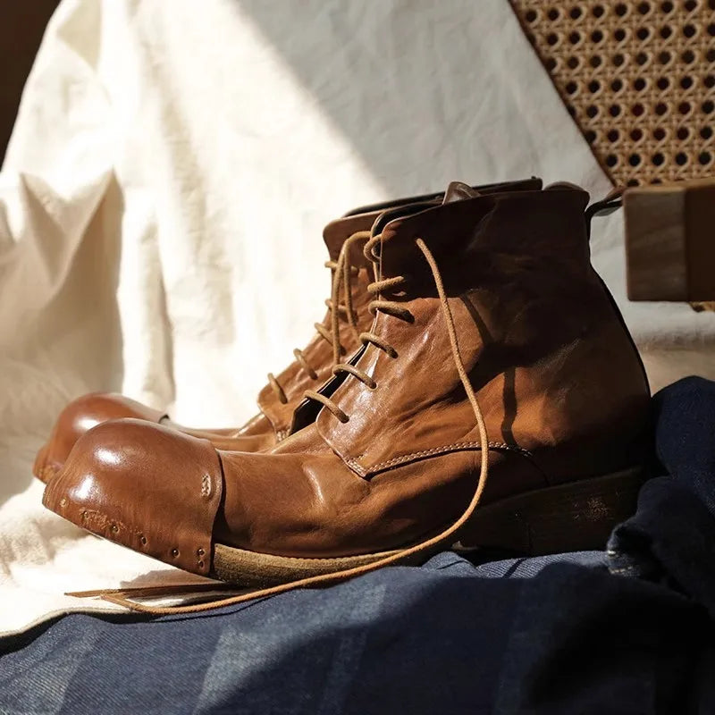 Retro Horsehide Genuine Leather Mens Boots Handmade Lace Up High Top Work Cargo Shoes High Quality Motorcycle Short Boots Male