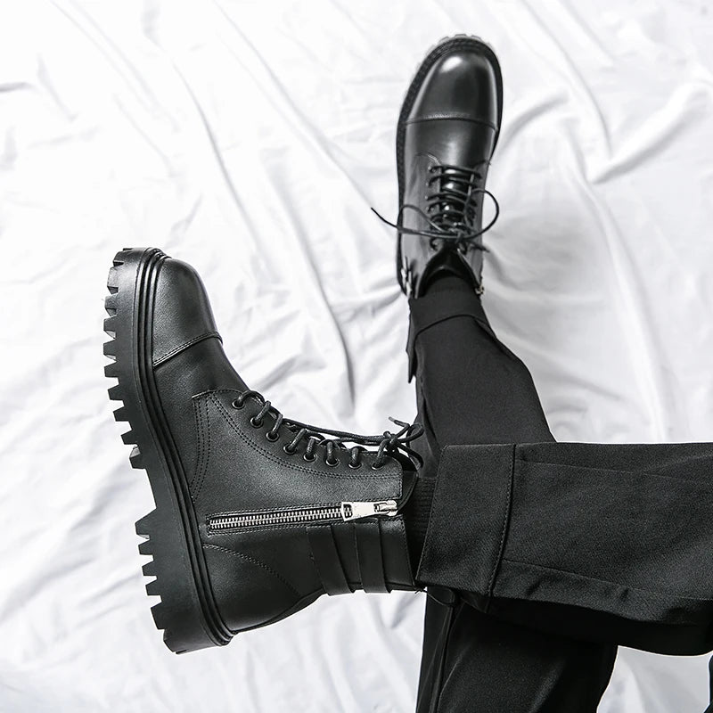 Brand Men's Genuine Leather Boots Thick Soles High-quality Workwear Boots Men's High Top Casual Shoes Knight Motorcycle Boots