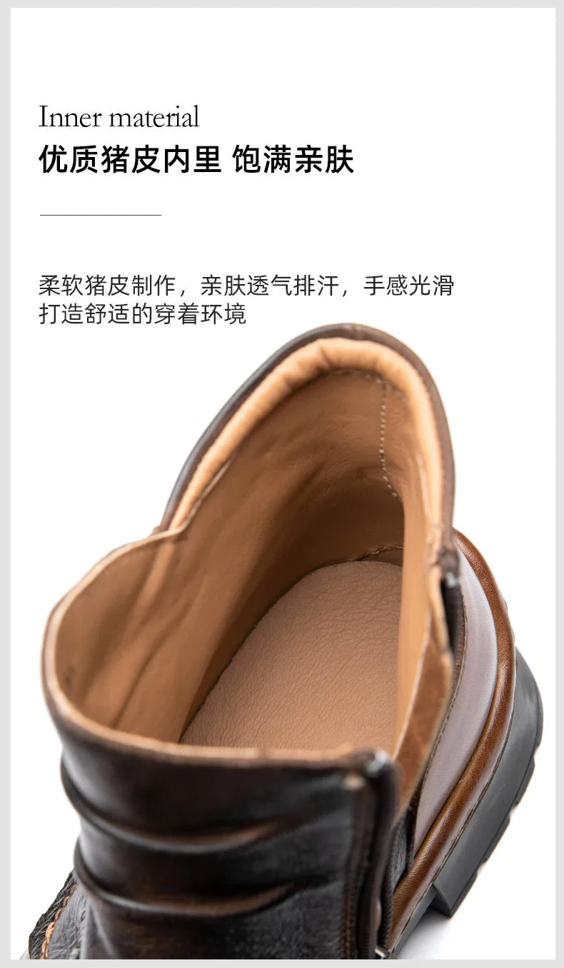 Brown Leather Motorcycle Boots Mens Round Head High Top Motorbike Boots Quality Moto Riding Shoes Thick Soled Summer Winter