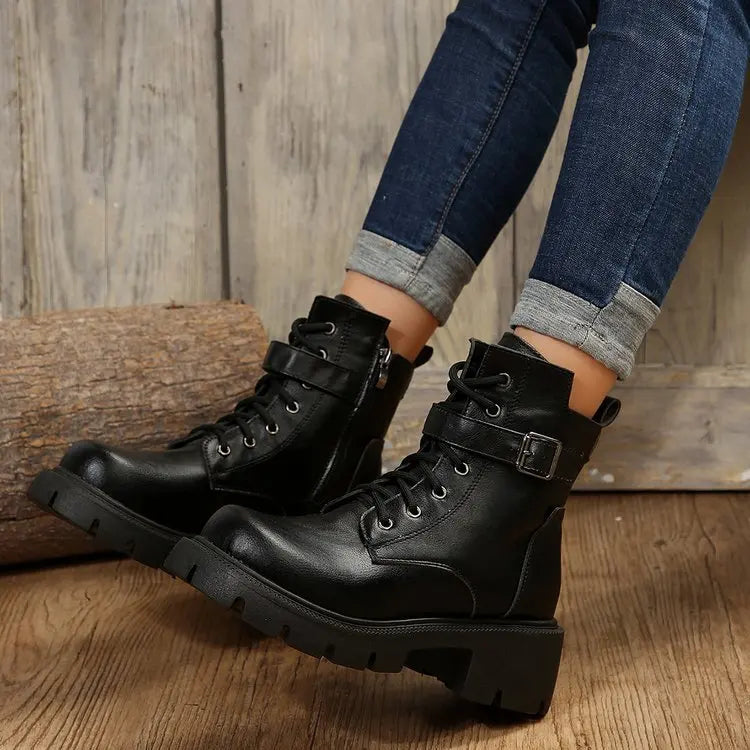 Platform Women Boots Fashion High Quality Women Ankle Boots Retro Round Toe  Motorcycle Boots Punk Style Women Shoes Botas Mujer