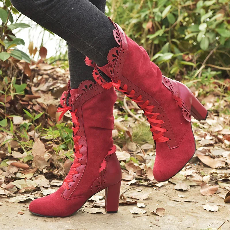 Women Lace Women's High Heel Middle Tube Boots Retro Leather Winter Shoes Booties Cowboy