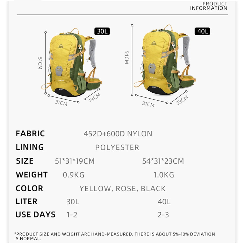 40L Hiking Backpack Waterproof Camping Essentials Bag with Rain Cover Travel  Lightweight Backpacking Back Pack Hiking Daypack