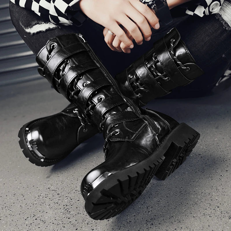 2025 High Leather Boots Men Black Boots Gothic Punk Motorcycle Boots Men Big Size 46 Comfy Platform Boots for Men Tooling Boots