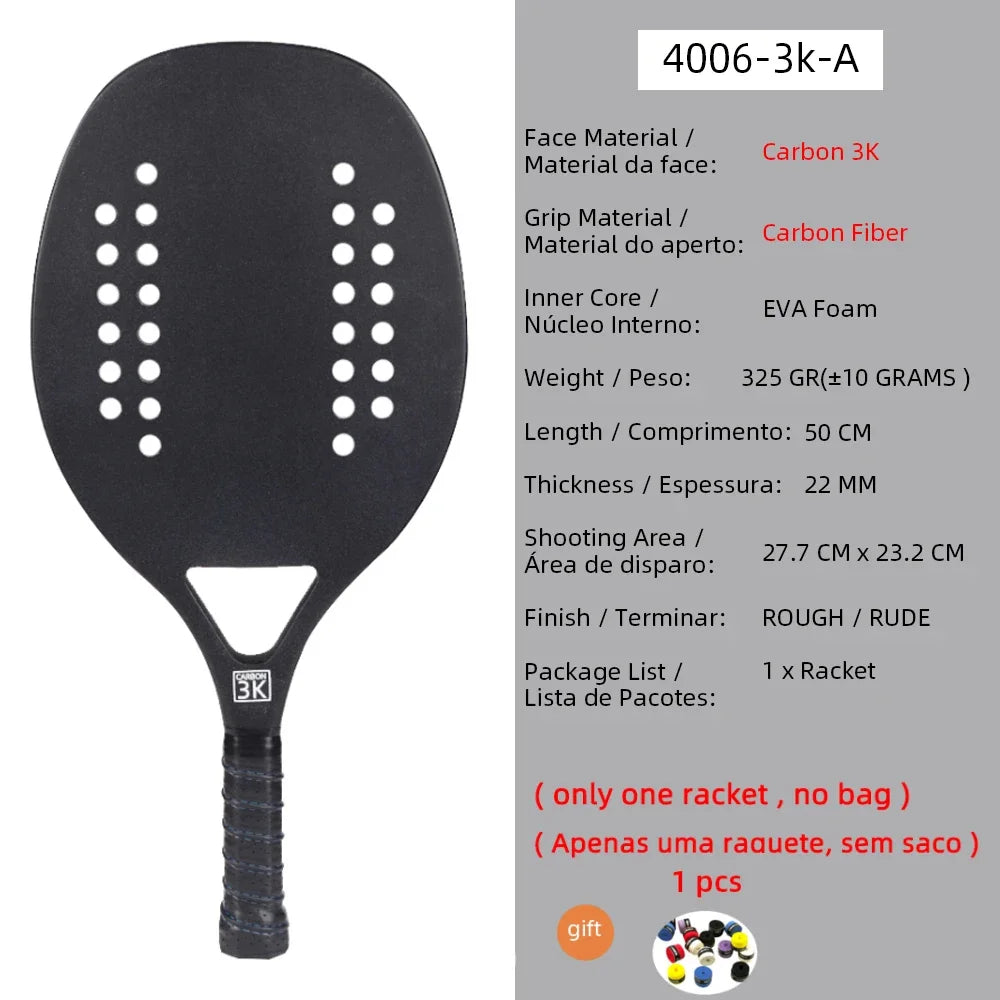 New 18K 12K 3K Full Carbon and Glass Fiber Beach Tennis Racket Matte Face Tennis Racquet