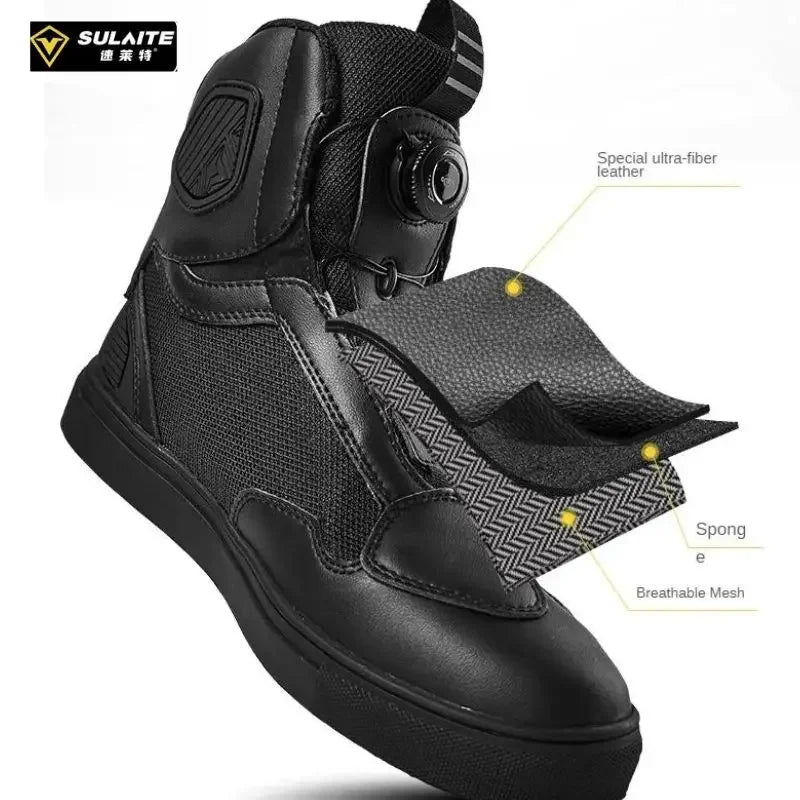 Sulaite Motorcycle Boots Men Waterproof Motorcyclist Boots Black Leather Motocross Boots Breathable Moto Biker Shoes