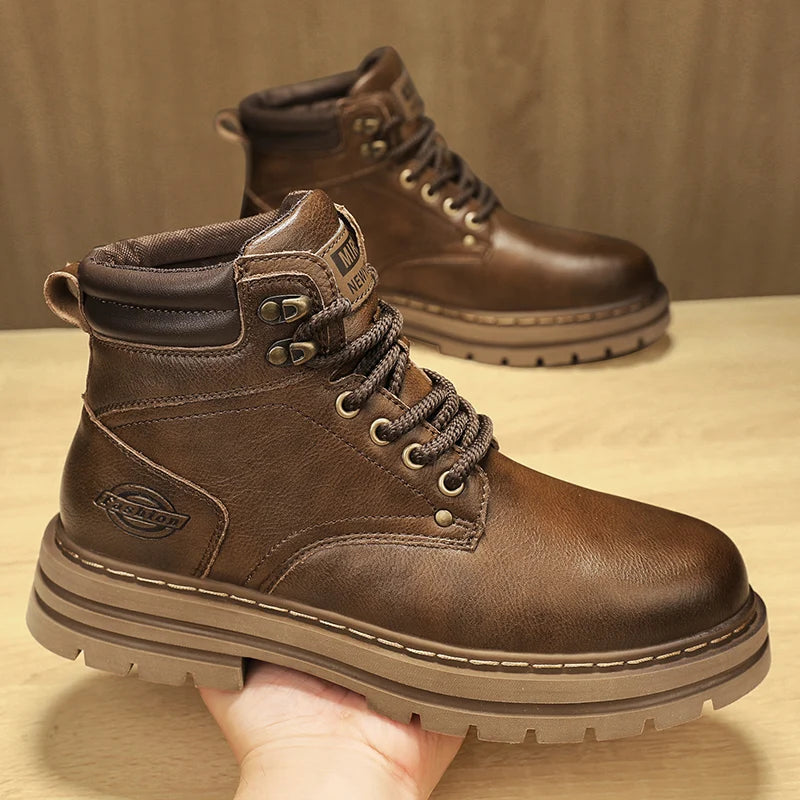 Autumn Winter Motorcycle Boots Handmade Vintage Mens Walking Shoes Casual Leather Ankle Boots Round Toe Lace-up Outdoor Footwear