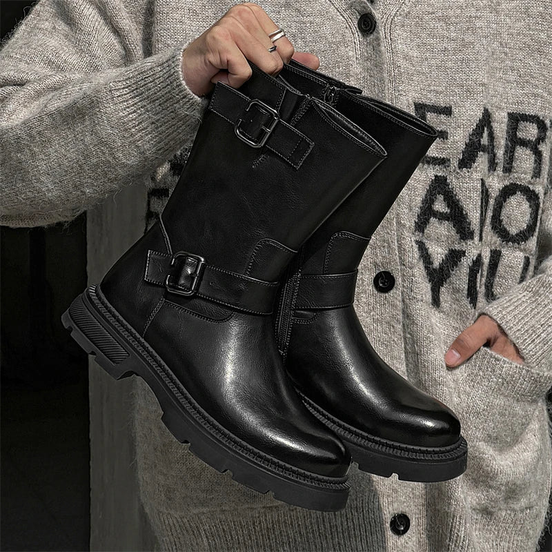 men casual cosplay nightclub long knight boots genuine leather platform shoes vintage cowboy high boot designer motorcycle botas