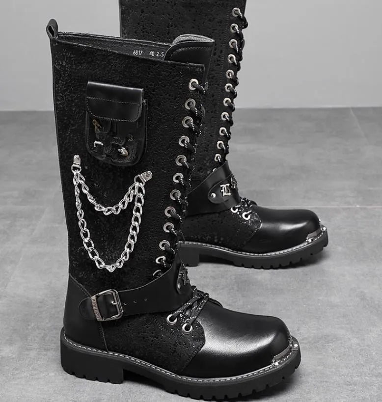 Men Motorcycle Boots Mid-calf Breathable Combat Boots Gothic Belt Punk Boots Men Shoes Hightop Casual  Metal toe boots 38-46