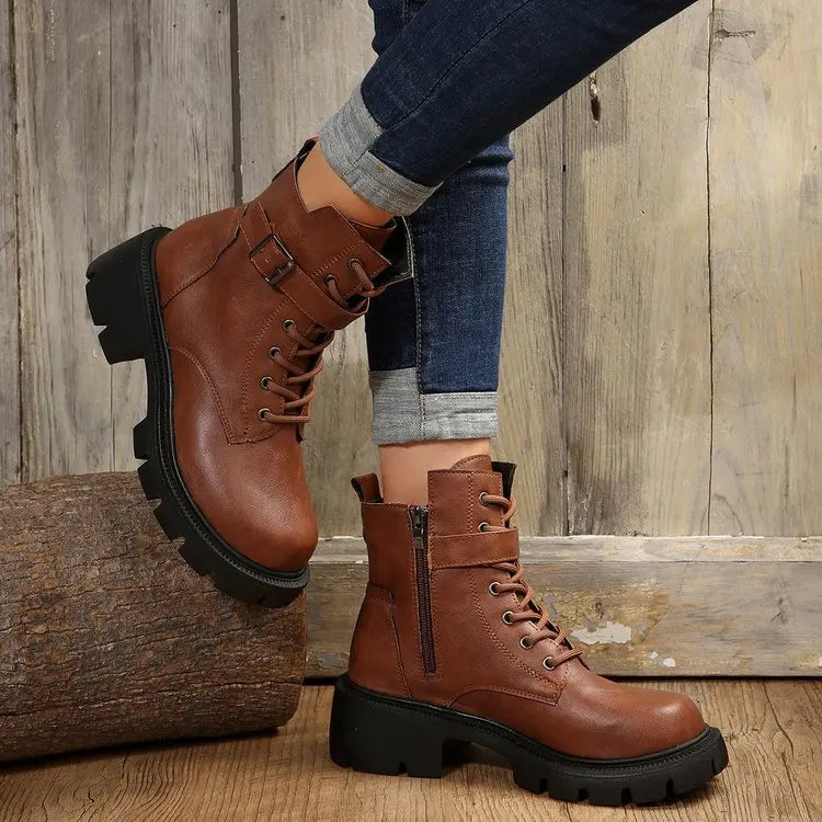 Platform Women Boots Fashion High Quality Women Ankle Boots Retro Round Toe  Motorcycle Boots Punk Style Women Shoes Botas Mujer