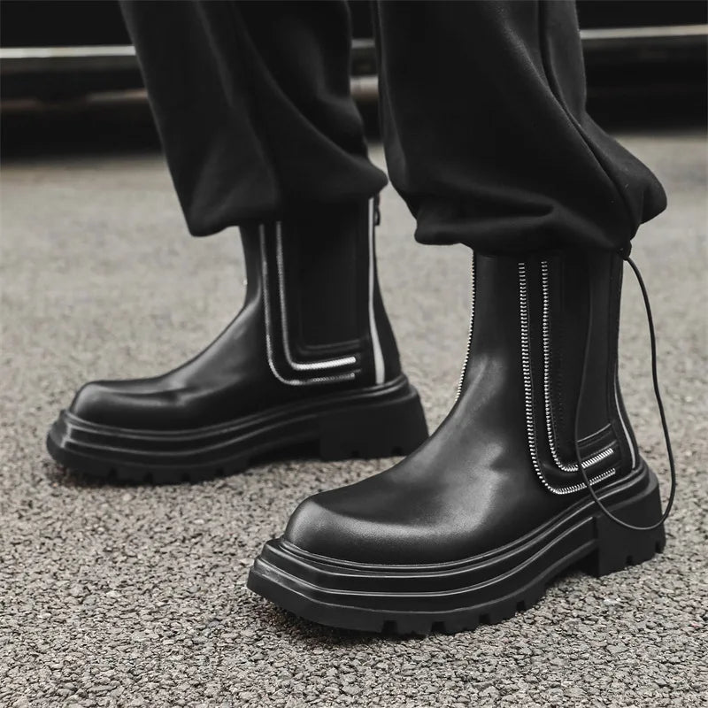 men's fashion punk rock high chelsea boots designer platform shoes cowboy original leather boot square toe long motorcycle botas