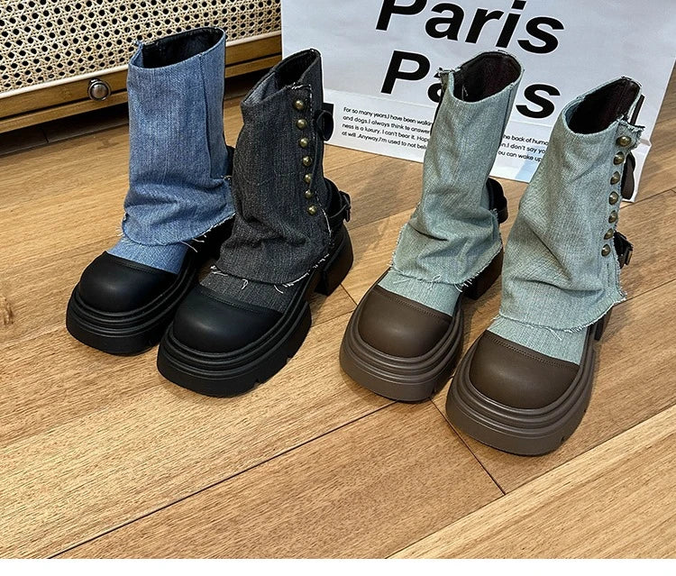 Fall Student Fashion Ankle Boots New Canvas Cowboy Shoes Women's Outdoor Platform Boots Luxury Designer Brand Motorcycle Boots