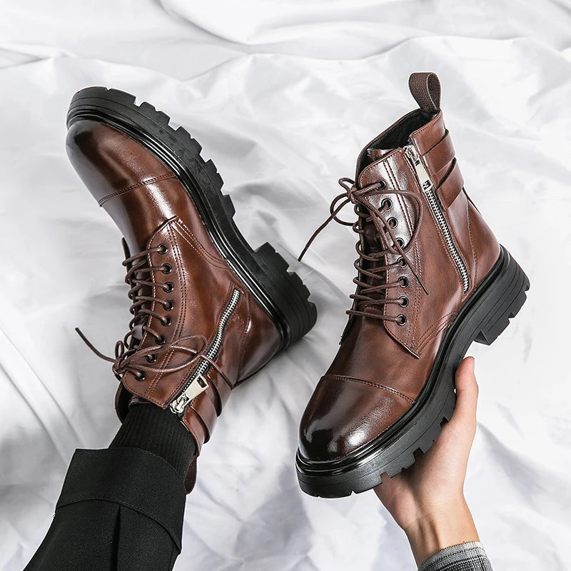 Brand Men's Genuine Leather Boots Thick Soles High-quality Workwear Boots Men's High Top Casual Shoes Knight Motorcycle Boots