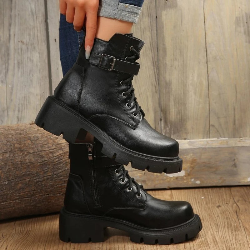Platform Women Boots Fashion High Quality Women Ankle Boots Retro Round Toe  Motorcycle Boots Punk Style Women Shoes Botas Mujer