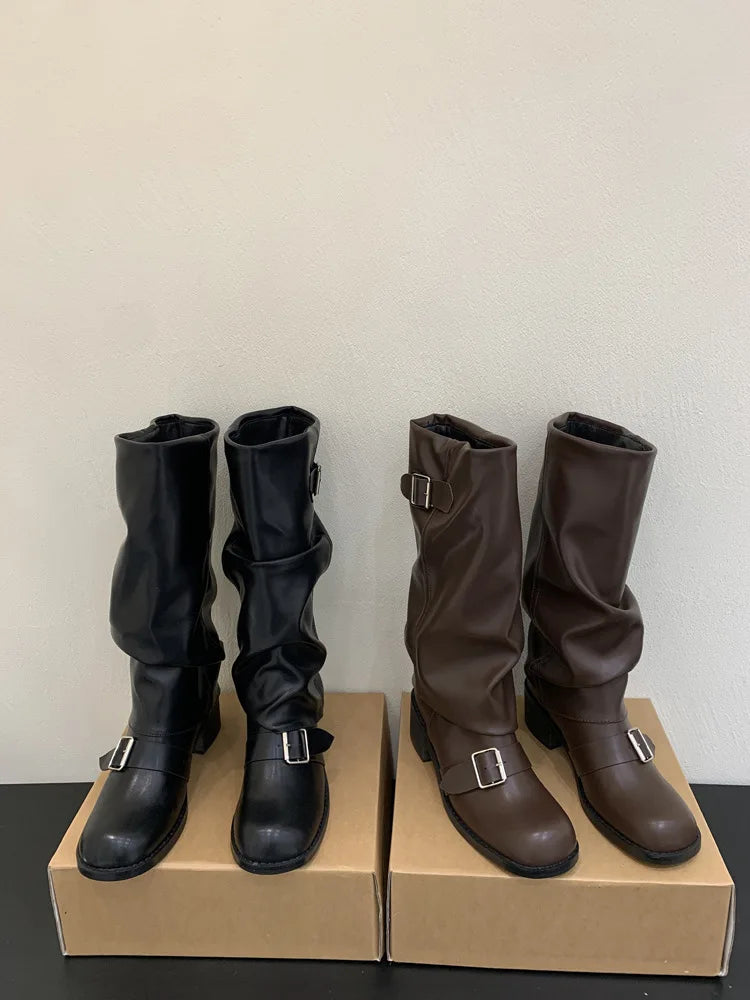 Woman Boots Knee High Platform Heels Trend Punk Gothic New Rock Leather Fashion Women Shoes Motorcycle Footwear Zapatos De Mujer