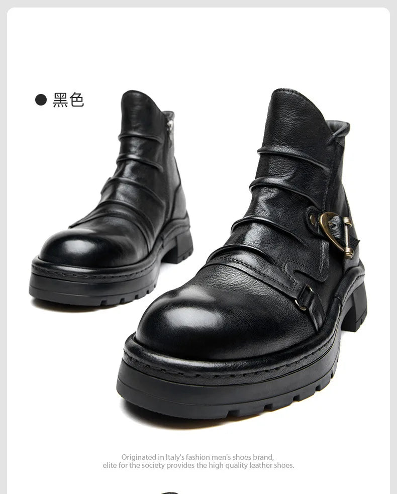 Brown Leather Motorcycle Boots Mens Round Head High Top Motorbike Boots Quality Moto Riding Shoes Thick Soled Summer Winter