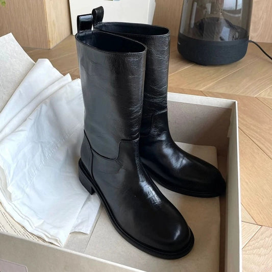 Autumn Winter Women Mid Calf Boots Female Round Toe Slip On Shoes Street Style Motorcycle Botas Mujer