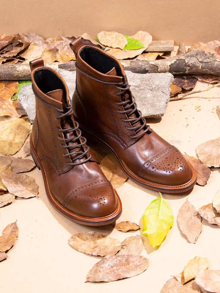 US 6-10 Business Man Mature Office Carving Brogue Shoes Men's Cowhide Top Layer Retro Genuine Leather Suit Boots