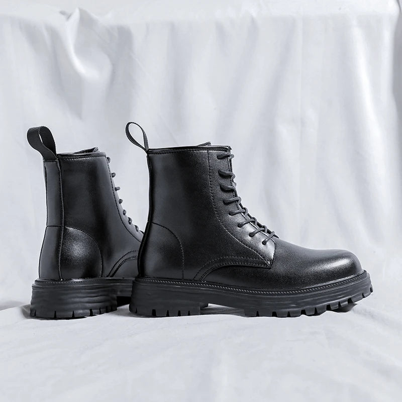 men fashion motorcycle boots black tide lace-up platform shoes cowboy genuine leather boot street cool high top botas masculinas