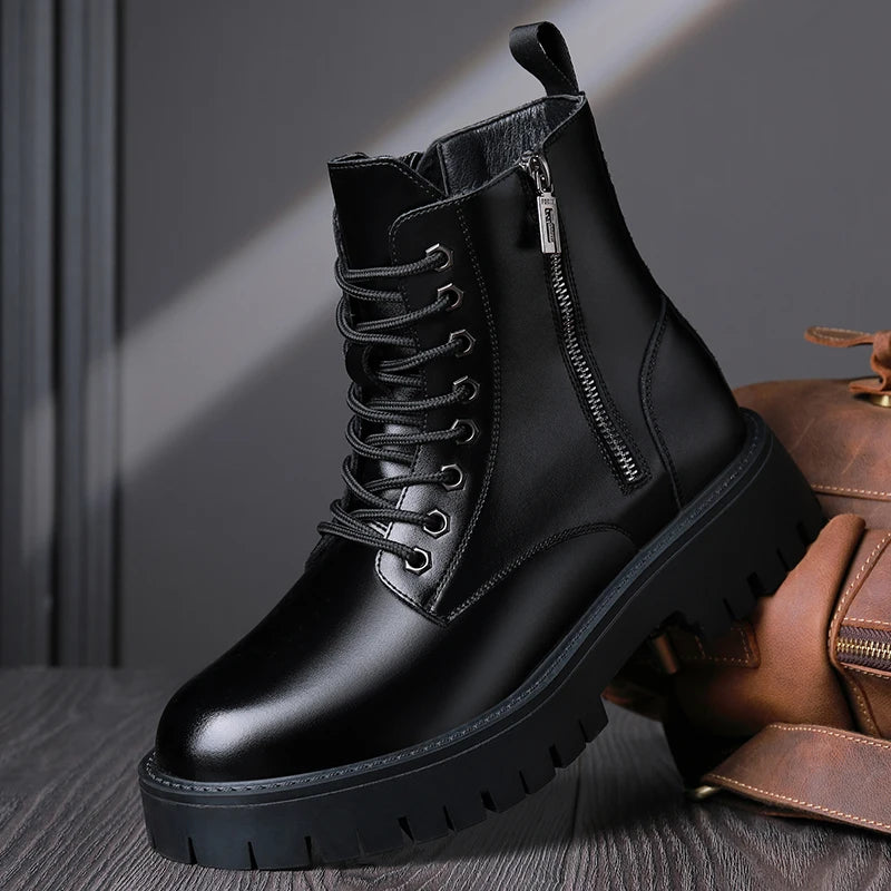 Retro Casual PU Leather Mens Motorcycle Boots Fashion Winter Plush Snow Boots Comfortable Leather High Top Shoes Man Warm Botas