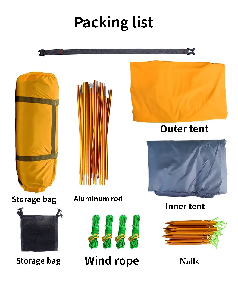 2Persons 4Seasons 20D Silicon Coated Tent Aluminum Rod Outdoor Camping 1Hall 1Room Rainproof with Snow Skirt Hiking Cycling Tour