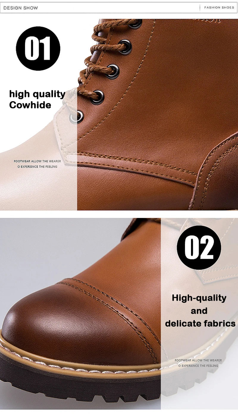 Genuine Leather Men's Boots Plush Warm Winter Boots High Quality Men Motorcycle Boots Fashion Tooling Shoes