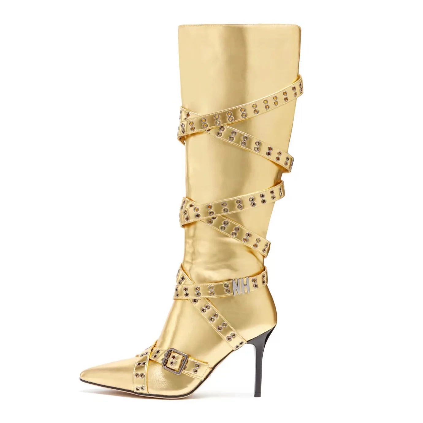 Brand Cross Strap Riveted Retro Silvery Knee High Boots New Spicy Girl Pointed High Heel Motorcycle Boots Fashion Women Shoes