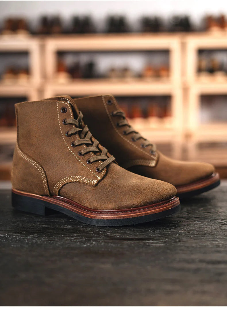 Retro Cowhide Motorcycle Boots High Top Motorbike Boots Durable Goodyear-Welted Moto Boots Wear-resistant Walking Shoes For Men